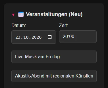 GastroCMS-Verwaltungsbereich im Dunkelmodus beim Bearbeiten einer Veranstaltung