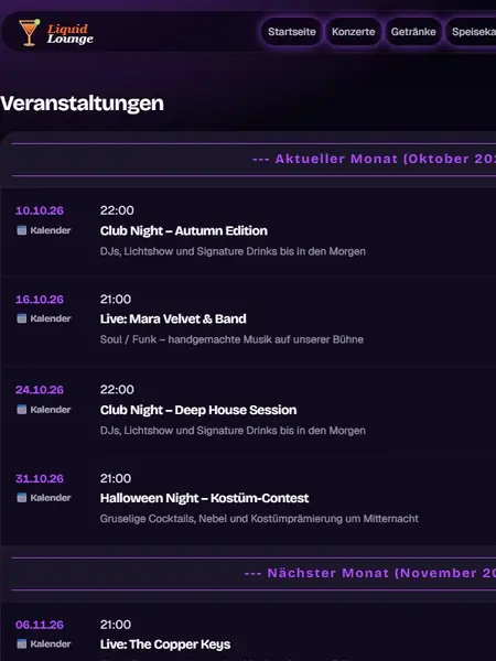 Veranstaltungsliste der Club-Demoseite mit mehreren Terminen