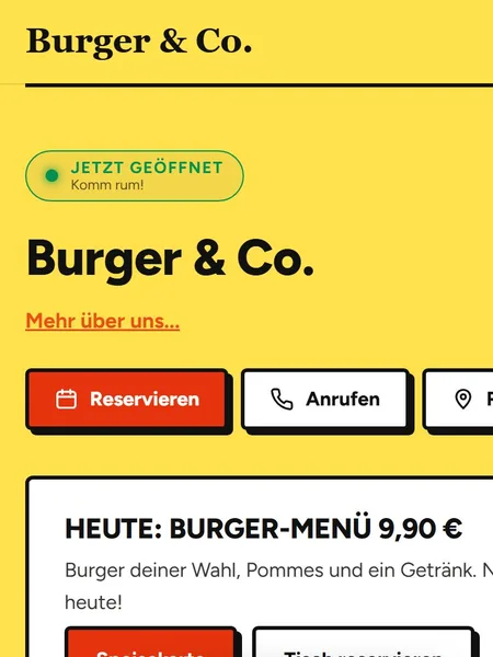 Start der Imbiss-Demoseite mit Öffnungsstatus, Knöpfen und Tagesangebot