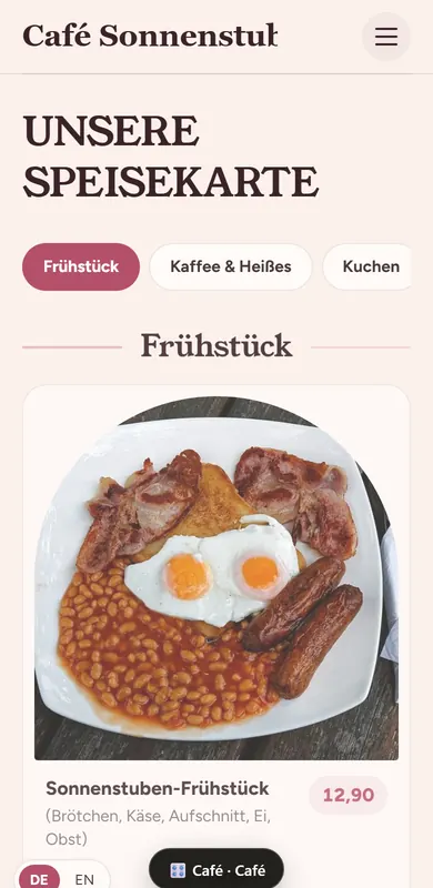Pflegbare mobile GastroCMS-Speisekarte eines Beispielcafés