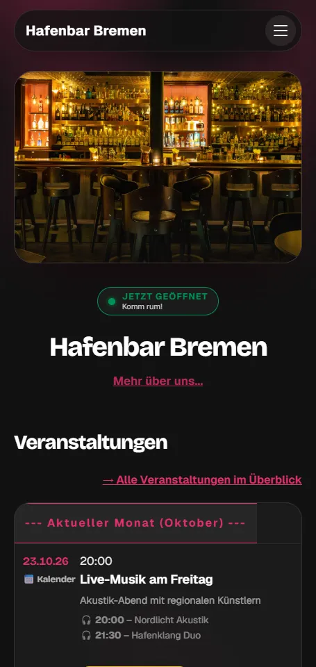Mobile Gästeseite mit Öffnungszeiten und aktuellem Öffnungsstatus